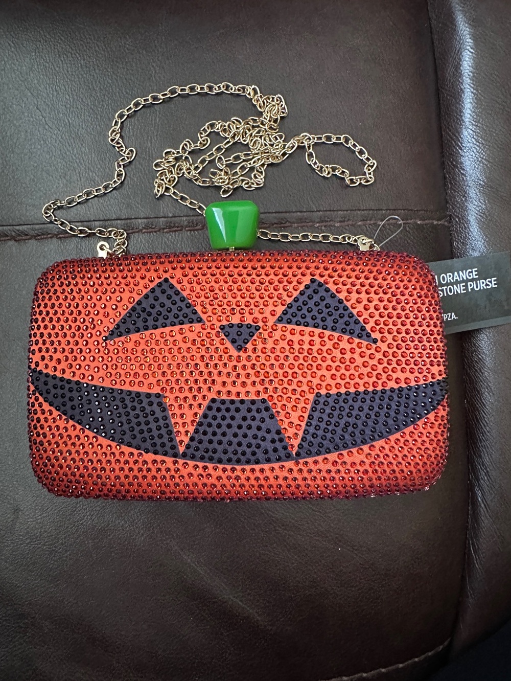 Rhinestone Bling Jack-O'-Lantern Pumpkin Evening Clutch with Gold Chain